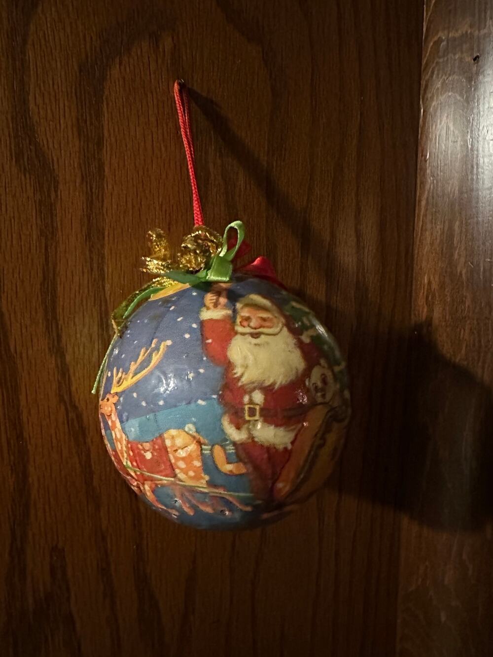 Vintage Decoupage Paper Mache Santa Claus Reindeer Christmas Ball Ornament Large